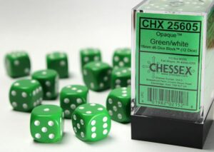 Chessex: Opaque 16mm d6 Dice (12u) – Green/White