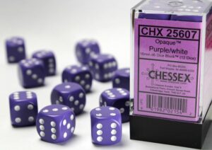 Chessex: Opaque 16mm d6 Dice (12u) – Purple/White