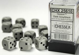 Chessex: Opaque 16mm d6 Dice (12u) – Grey/Black