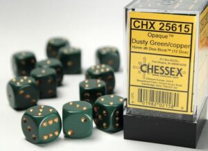 Chessex: Opaque 16mm d6 Dice (12u) – Dusty Green/Copper