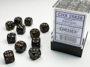 Chessex: Opaque 12mm d6 Dice (36u) – Black/Gold