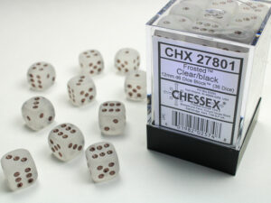 Chessex: Frosted 12mm d6 Clear/black Dice Block (36 dice)