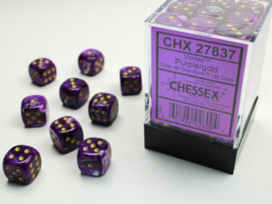 Chessex: Vortex 12mm d6 Purple/gold Dice Block (36 dice)