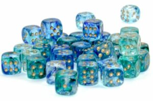 Chessex: Nebula 12mm d6 Oceanic/gold  Luminary (36 dice)