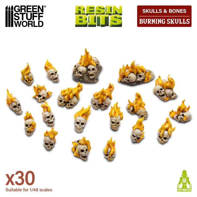 Green Stuff World: 50x Craneos Llameantes de Resina