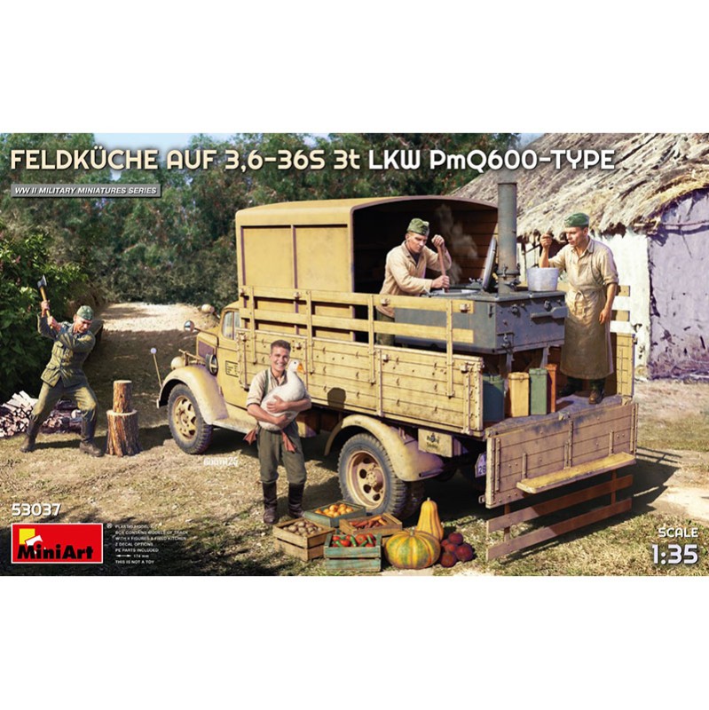 MiniArt: Camión + Figuras Feldkuche Auf 3,6-36S 3t LKW PmQ600-Type. Escala 1/35