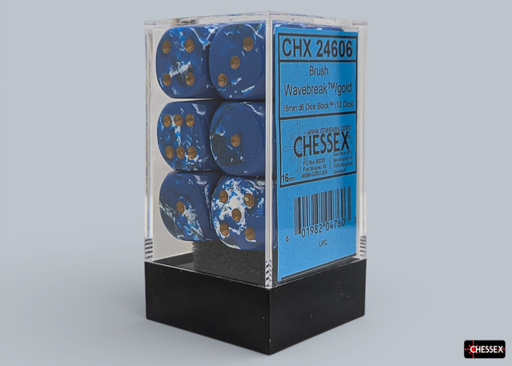 Chessex: Brush Wavebreak/gold 16mm d6 Dice Block (12 dice)