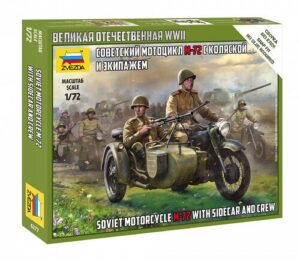 Zvezda: 1:72 Soviet motorcycle M-72 with sidecar and crew (ZVE6277)